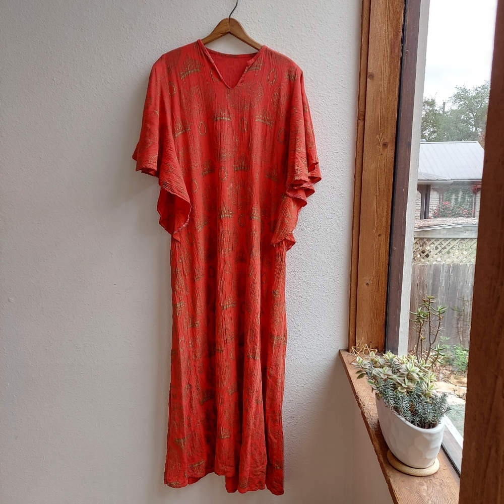 70's Vintage Ruffle Sleeve Maxi Kaftan Dress
